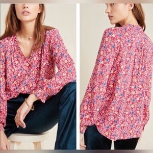 Maeve Anthropologie Ruffle Blouse Viscose Button Down US 10